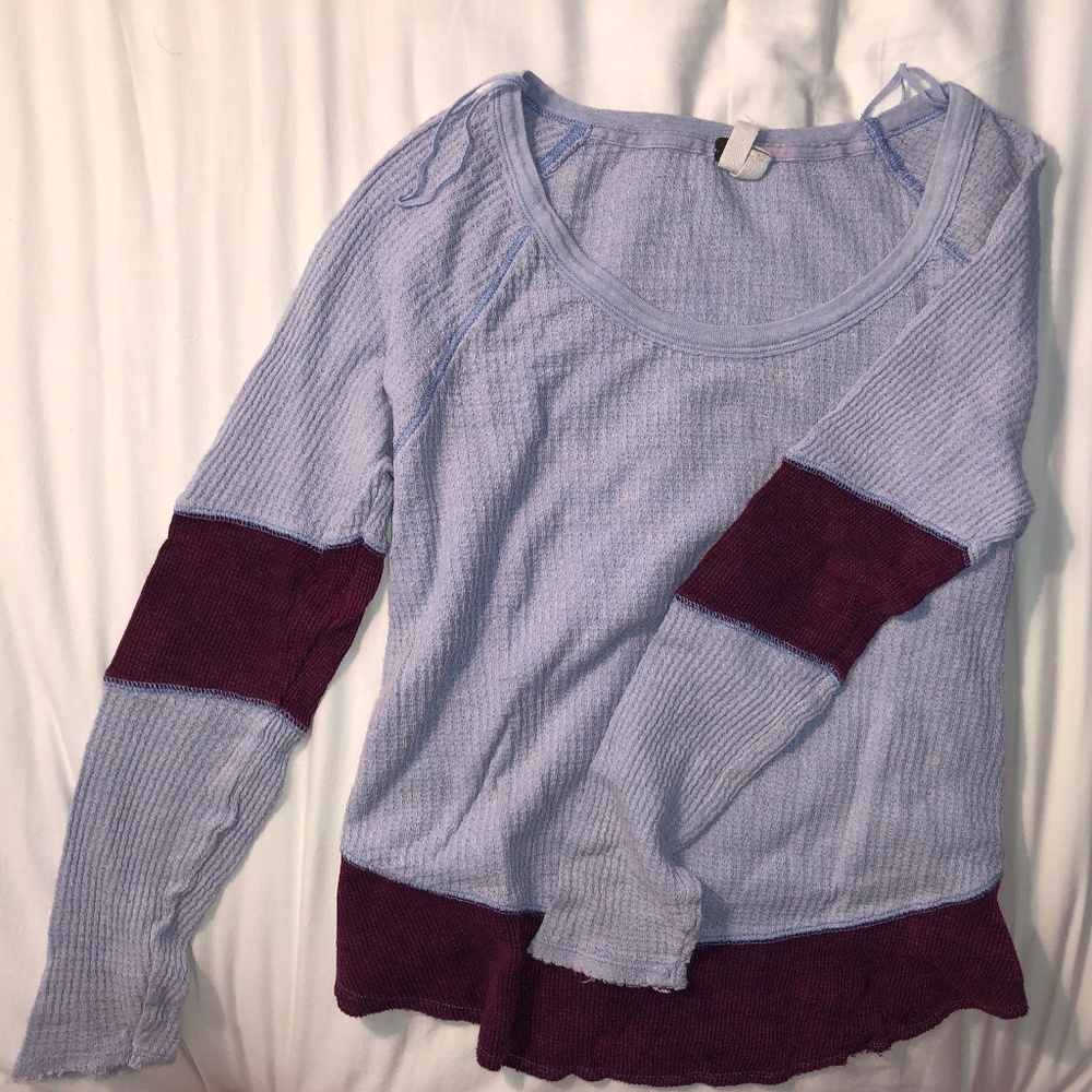 Free People Light Blue and Maroon Long Sleeve